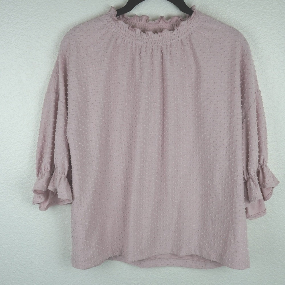 Texture & Thread Madewell‎ Pink Dotted Ruffle Neck Swiss Dot Top M